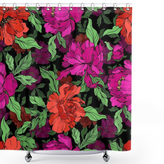 Personality  Peony Floral Botanical Flowers. Black And White Engraved Ink Art. Seamless Background Pattern. Shower Curtains