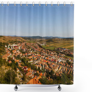Personality  An Aerial View Of The Town Center With Buildings And Vegetation In Rupea, Romania Shower Curtains
