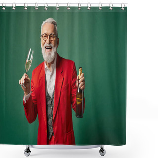 Personality  Elegant Man Dressed As Santa Enjoying Champagne And Smiling Cheerfully At Camera, Winter Concept Shower Curtains