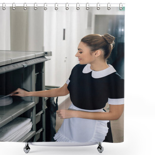 Personality  Young Beautiful Maid In Uniform Taking Tableware From Housekeeping Cart Shower Curtains