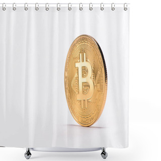 Personality  Close Up View Of Golden Bitcoin Isolated On White Shower Curtains