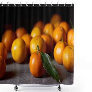 Personality  Selective Focus Of Orange Clementine With Green Leaf Near Tangerines On Grey Table Shower Curtains