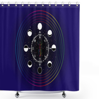 Personality  Wheel Of The Year, Order Of The Wiccan Holidays, As The Replica Of The Phases Of The Moon And Spiral Goddess Of Fertility, Wicca Woman Sign, Colorful Spectrum Circle Vector Isolated On Blue Background Shower Curtains