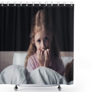 Personality  Scared Child Looking At Camera While Sitting On Bedding Isolated On Black Shower Curtains