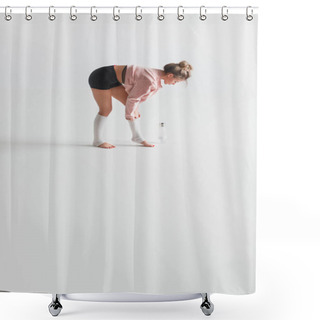Personality  Woman In Gaiters With Bottle On White Background Shower Curtains