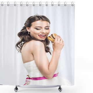 Personality  Hungry Young Bride In Wedding Dress With Burger In Hands Showing Tongue Isolated On White Shower Curtains