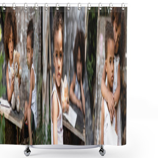 Personality  Collage Of Poor African American Kid Hugging Brother And Having Lesson Outside  Shower Curtains