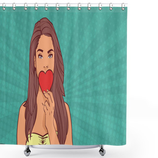 Personality  Cute Girl Closing Mouth With Red Heart Love Symbol Over Comic Pop Art Background Valentines Day Concept Shower Curtains