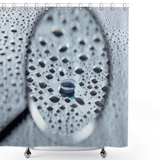 Personality  Selective Focus Of Magnifying Glass And Contact Lense On Grey Background With Water Drops Shower Curtains