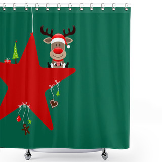 Personality  Square Reindeer Sitting On Star With Icons Dark Green Shower Curtains