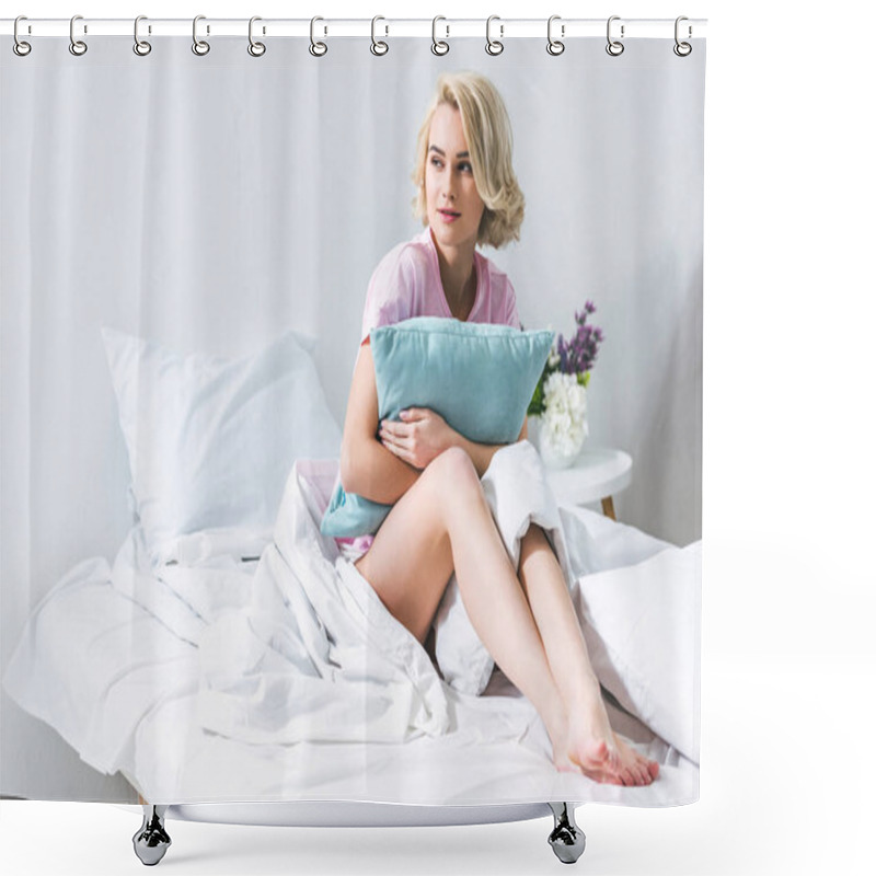 Personality  blonde girl sitting with pillow on bed in the morning shower curtains