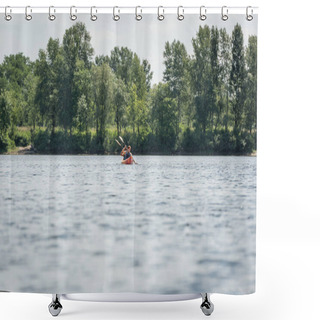 Personality  View From Afar Of Active And Interracial Couple In Life Vests Sailing In Sportive Kayak During Recreation Weekend On River With Green Bank During Water Recreation In Summer Shower Curtains