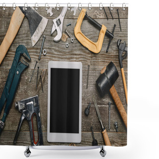 Personality  Flat Lay With Digital Tablet And Set Of Carpentry Tools On Wooden Background Shower Curtains