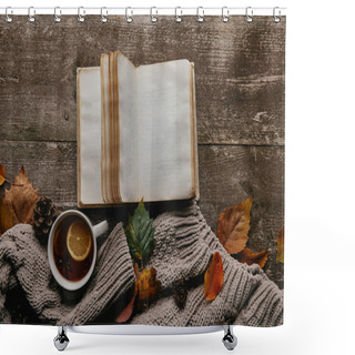 Personality  Flat Lay With Grey Sweater And Cup Of Tea, Blank Notebook And Fallen Leaves On Wooden Tabletop Shower Curtains
