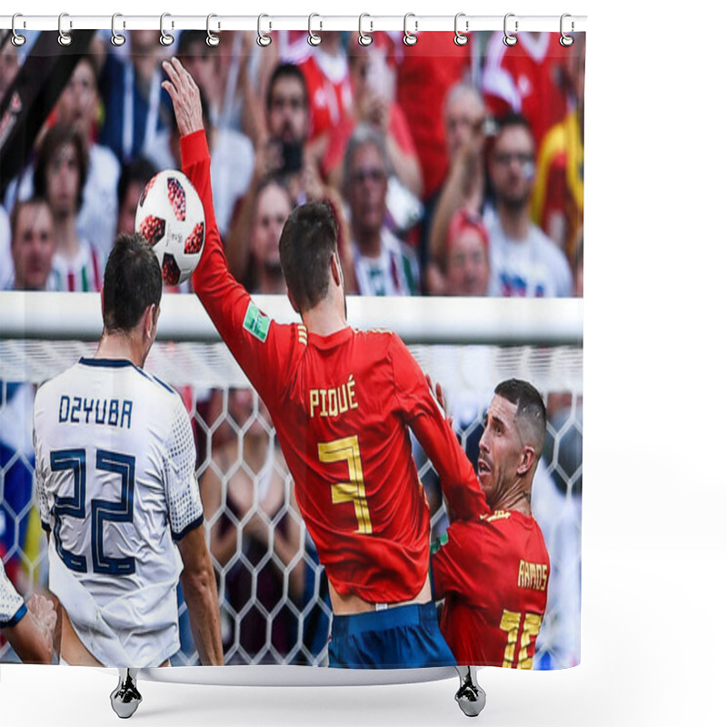 Personality  Artem Dzyuba of Russia, left, challenges Gerard Pique of Spain in their Round of 16 match during the 2018 FIFA World Cup in Moscow, Russia, 1 July 2018 shower curtains