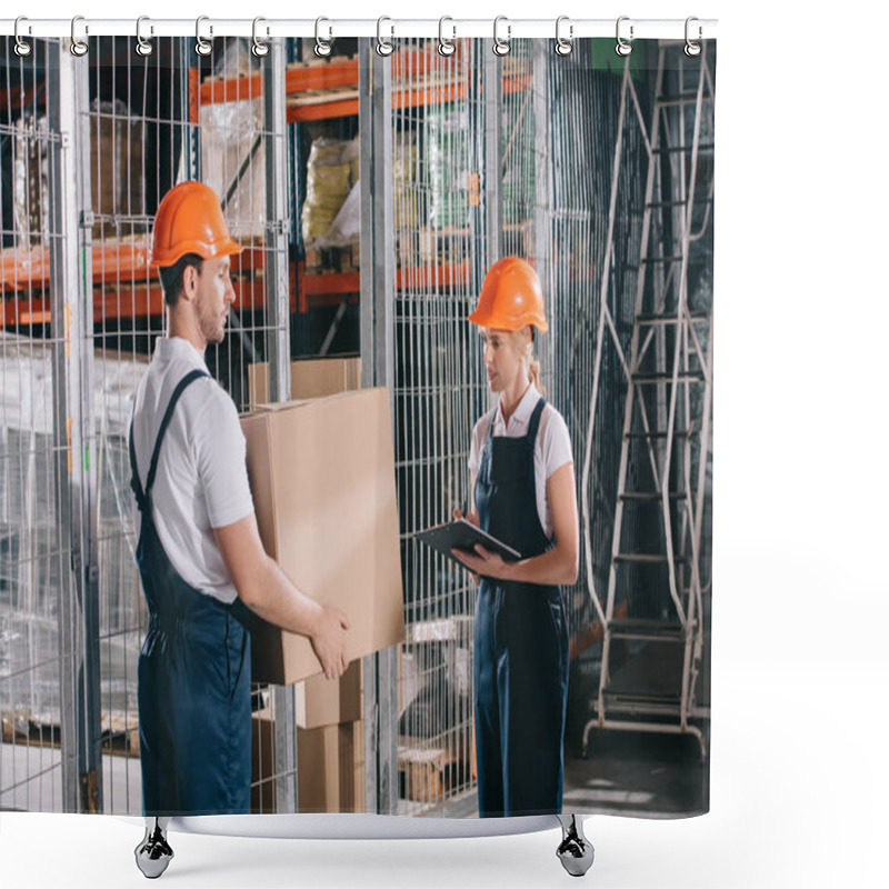 Personality  Loader Holding Cardboard Box Near Workwoman Writing On Clipboard Shower Curtains