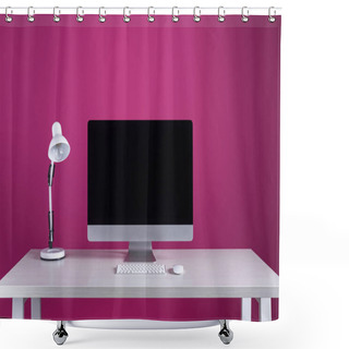 Personality  Desktop Computer With Blank Screen, Keyboard, Computer Mouse And Lamp At Workplace Shower Curtains