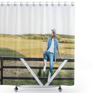 Personality  Full Length View Of Farmer In Denim Clothes And Brim Hat Sitting On Wooden Fence On Farmland Shower Curtains
