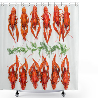 Personality  Top View Of Red Lobsters And Green Herds On White Background Shower Curtains
