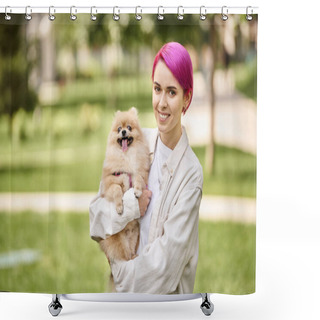 Personality  Happy And Stylish Woman Holding Pomeranian Spitz In Hands And Looking At Camera Outdoors, Enjoyment Shower Curtains