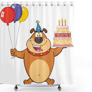 Personality  Birthday Brown Bulldog Cartoon Character Holding Up A Birthday Cake With Candles Shower Curtains