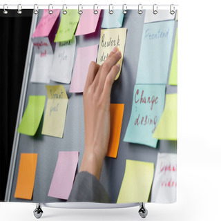 Personality  Cropped View Of Businesswoman Applying Sticky Note With Lettering On Board Shower Curtains