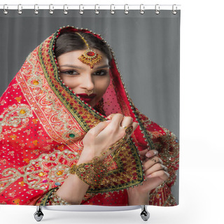 Personality  Happy Indian Woman Posing In Traditional Sari And Accessories, Isolated On Grey  Shower Curtains