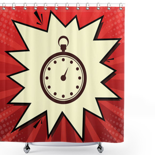 Personality  Stopwatch Sign Illustration. Vector. Dark Red Icon In Lemon Chiffon Shutter Bubble At Red Popart Background With Rays. Shower Curtains