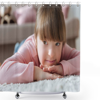 Personality  Dreamy Child With Down Syndrome Lying On Floor In Cozy Room Shower Curtains