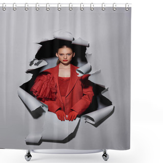 Personality  Stylish Young Woman With Bold Makeup Posing In Red Gloves Near Hole In Torn Grey Background Shower Curtains