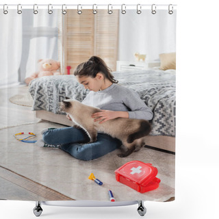 Personality  Full Length View Of Girl Stroking Cat On Floor Near Toy Medical Instruments Shower Curtains
