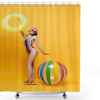 Personality  Full Length Of Cheerful Woman In Sunglasses And Swimsuit Standing With Inflatable Ring Near Beach Ball On Yellow Shower Curtains