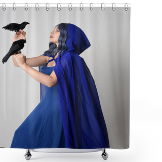 Personality  Close Up Portrait Of Beautiful Female Model Wearing Elegant Fantasy Blue Ball Gown, Flowing Cape With Hooded Cloak. Holding A Fake Black Bird. Isolated On White Studio  Shower Curtains