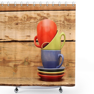 Personality  Colorful Coffee Mugs Over An Grunge Wooden Background Shower Curtains