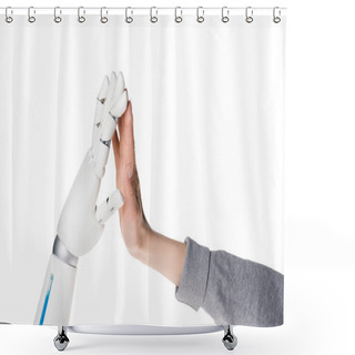 Personality  Cropped Shot Of Robot And Human Making High Five Isolated On White Shower Curtains
