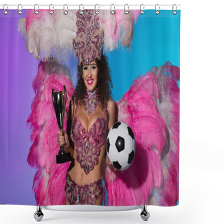 Personality  Cheerful Woman In Carnival Costume With Pink Feathers Holding Soccer Ball And Winner Cup On Blue Background Shower Curtains