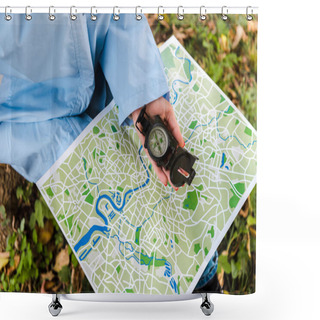 Personality  Cropped View Of Traveler Holding Map And Compass Outside  Shower Curtains