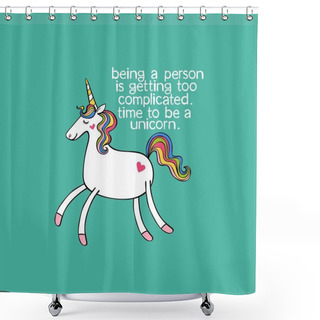 Personality  Unicorn. Lettering. Isolated Vector Object On Blue Background. Shower Curtains