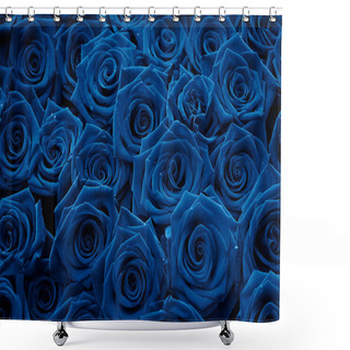 Personality  A Dozen Of Velvet Red Roses Close Up,colored In Blue Color,color Of The Year 2020.Beautiful Bouquet.Floral Background For Design Or Text.Gorgeous Red Abstract Backdrop. Shower Curtains