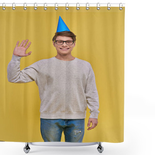 Personality  Young Smiley Man In Birthday Hat Waving His Hand And Smiling Cheerfully At Camera, Birthday Shower Curtains
