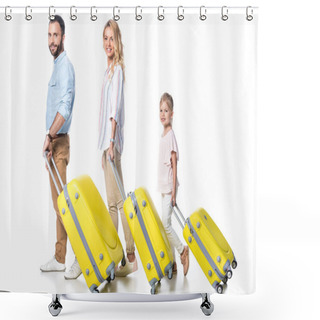 Personality  Side View Of Family With Yellow Travel Bags Isolated On White Shower Curtains