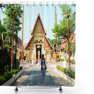 Personality  Thai Travelers Women People Travel Visit Respect Praying Blessing Wish Myth Holy Mystical Worship And Ancient Phra Sing Buddha Statue Of Wat Phra Singh Temple At Chiangrai City In Chiang Rai, Thailand Shower Curtains