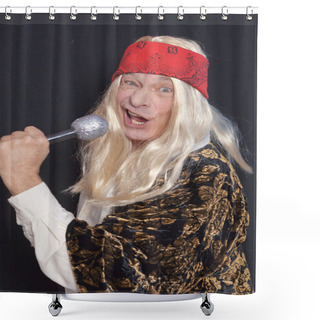 Personality  Portrait Of Senior Musician Making Funny Faces While Singing Over Black Background Shower Curtains