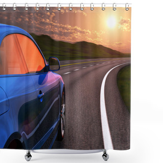 Personality  Blue Car Driving By Autobahn In Sunset With Motion Blur Shower Curtains