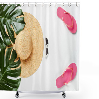 Personality  Top View Of Green Palm Leaves, Straw Hat, Sunglasses And Flip Flops On White Background Shower Curtains