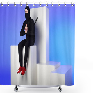 Personality  Ninja In Black Clothing With Katana Behind Sitting On White Block Isolated On Blue Shower Curtains