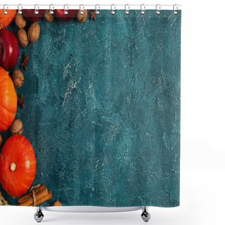 Personality  Orange Pumpkins Near Red Apples And Walnuts On Blue Textured Backdrop, Thanksgiving Concept Shower Curtains