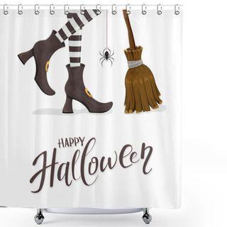 Personality  Text Happy Halloween With Witches Legs And Broom Shower Curtains