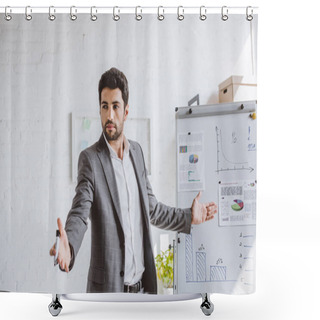Personality  Handsome Businessman Presenting Project On Flipchart And Gesturing In Office Shower Curtains