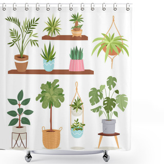 Personality  House Plants Tree Vector Nature Flowers Indoor Interior Decoration Houseplant Natural Tree Flowerpot Illustration. Shower Curtains